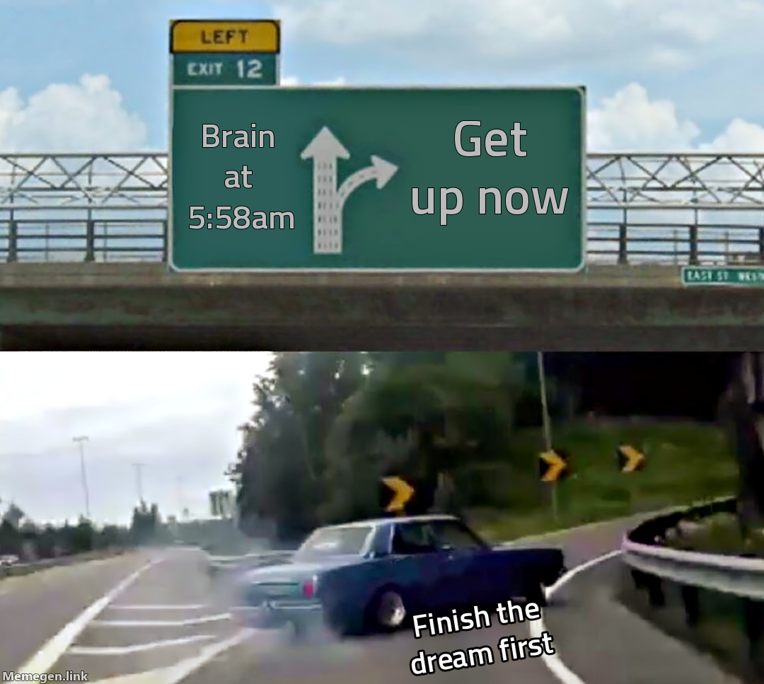Brain at 5:58am — Get up now — Finish the dream first